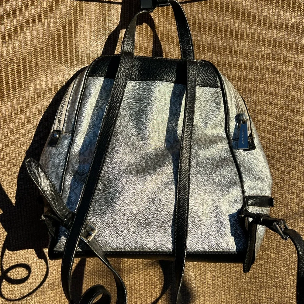 Michael Kors Mini Backpack MK Signature Women’s Leather Black Metallic Silver - Picture 4 of 12